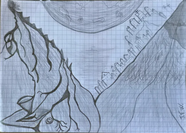 La luna e la città arroccata, disegno a matita